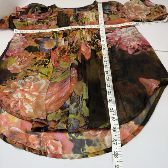 Dark Floral Sheer Blouse S Brown Multi Pin Pleats Fairycore Whimsigoth Ethereal - Picture 9 of 12